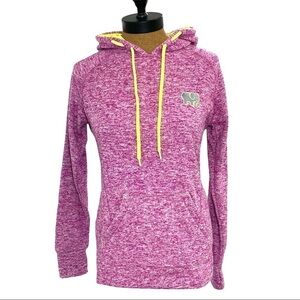 Ivory Ella Heathered Fuchsia hoodie with neon yellow accents kangaroo pocket Sm 